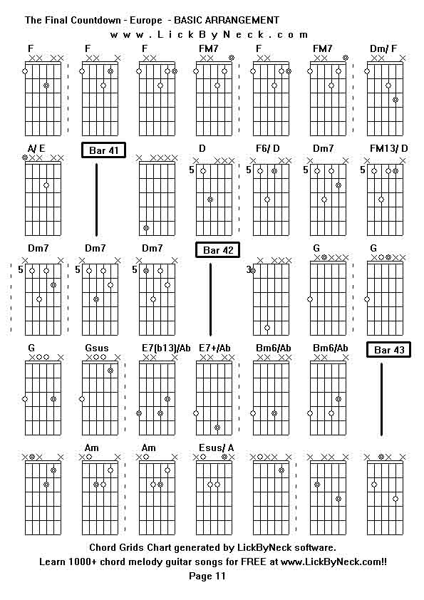 Chord Grids Chart of chord melody fingerstyle guitar song-The Final Countdown - Europe  - BASIC ARRANGEMENT,generated by LickByNeck software.